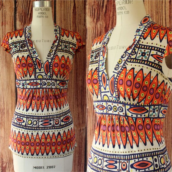 Trina Turk Tops - Trina Turk Womens Blouse, Silk,  Size 0, Tribal Pattern in Orange and Navy